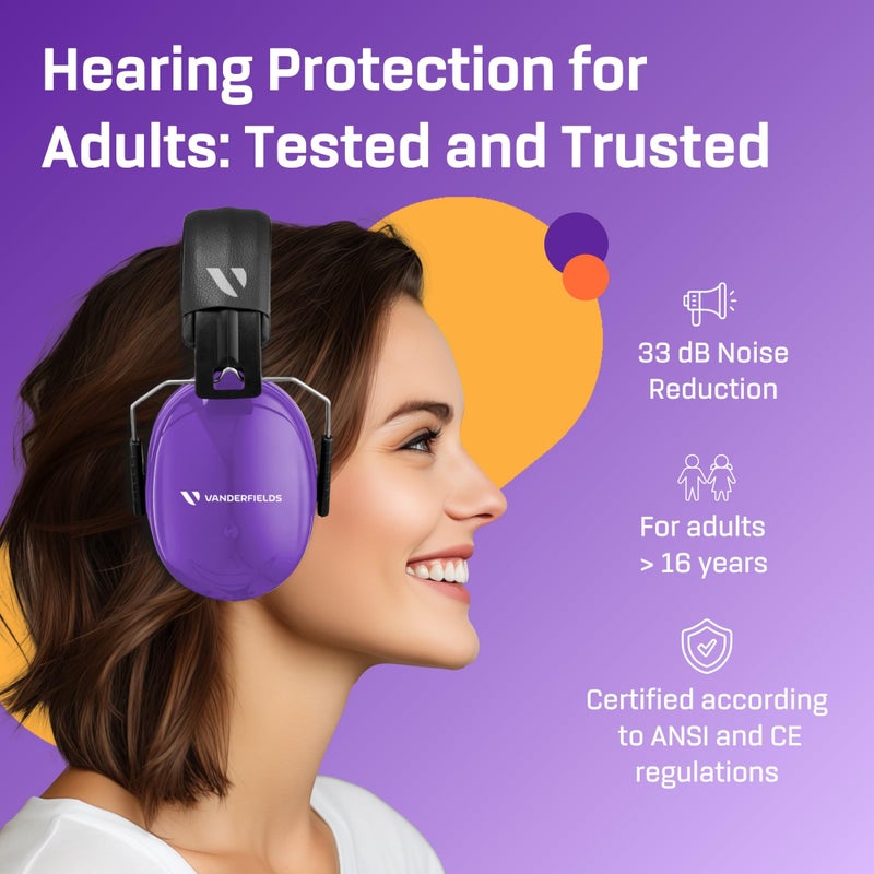 Vanderfields Premium Hearing Protection Ear Muffs - Broad Spectrum Sound Reduction 36.1dB at 2K Hz Noise Cancelling - Headset Safety Noise Cancellation - Headphones Adults and Teens - Purple Power - Image 2